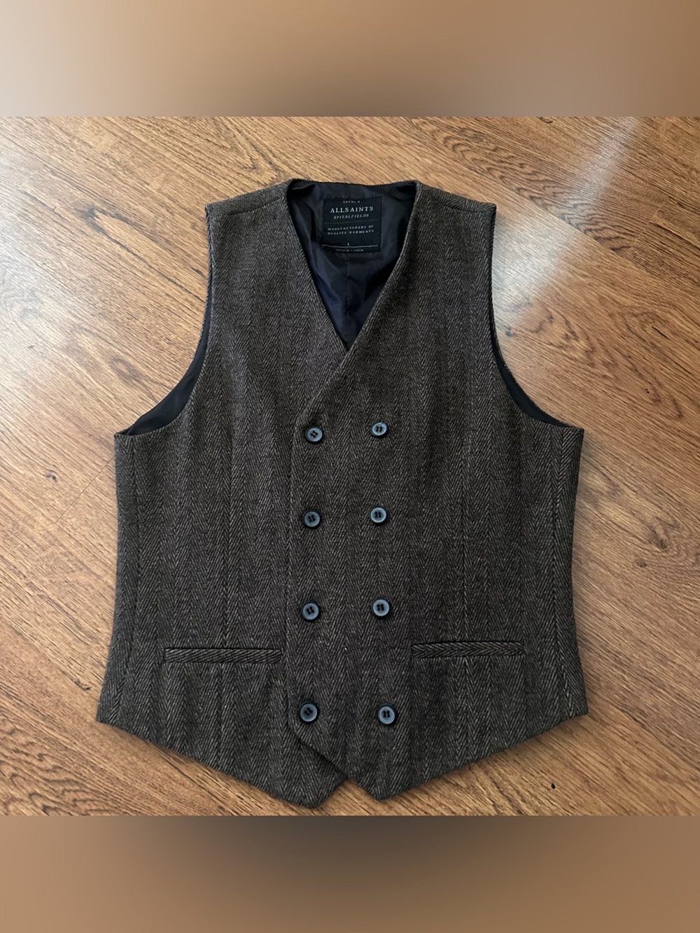 AllSaints Men's Brown Herringbone Double-Breasted Vest size large career busines